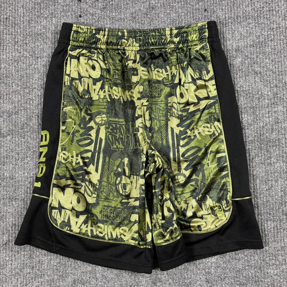 AND1 Mens Green Graffiti Basketball Shorts Size M Mesh Athletic Streetwear Y2K